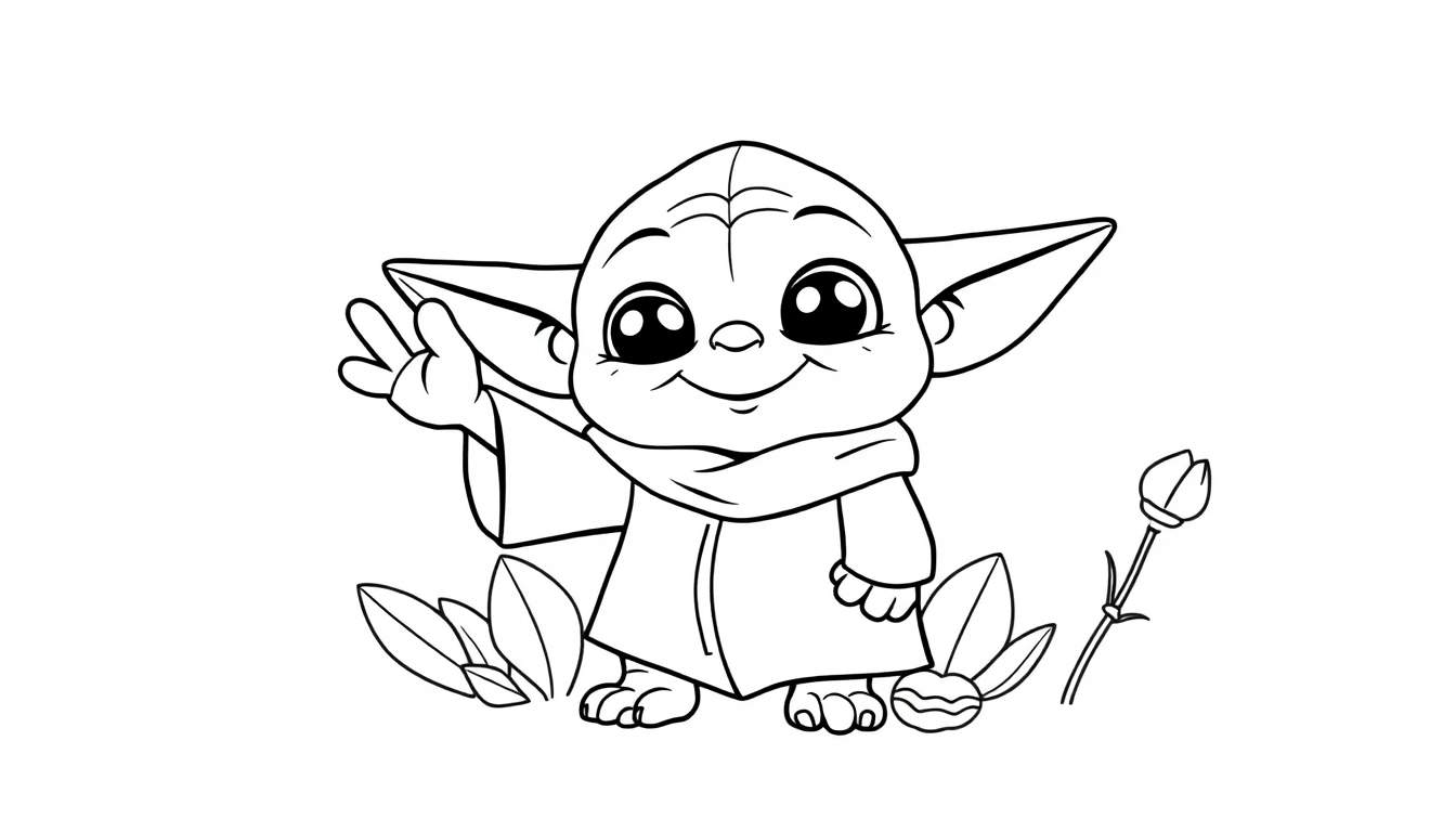 A cute black and white cartoon drawing of Baby Yoda waving, like a friendly character in a color panel. He has big eyes and ears, wears a robe, and stands amongst leaves and a flower.