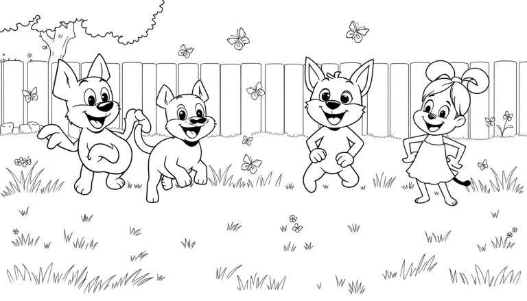 A black and white color panel of cartoon dogs and a girl playing in a backyard with butterflies.