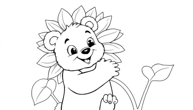 A cute black and white cartoon bear cub with a sunflower mane, ready for a color panel.