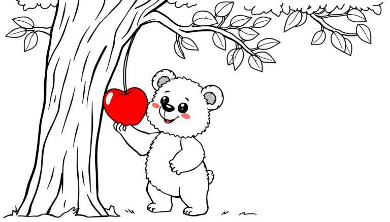 A bear cub reaching for an apple in a black and white color panel.