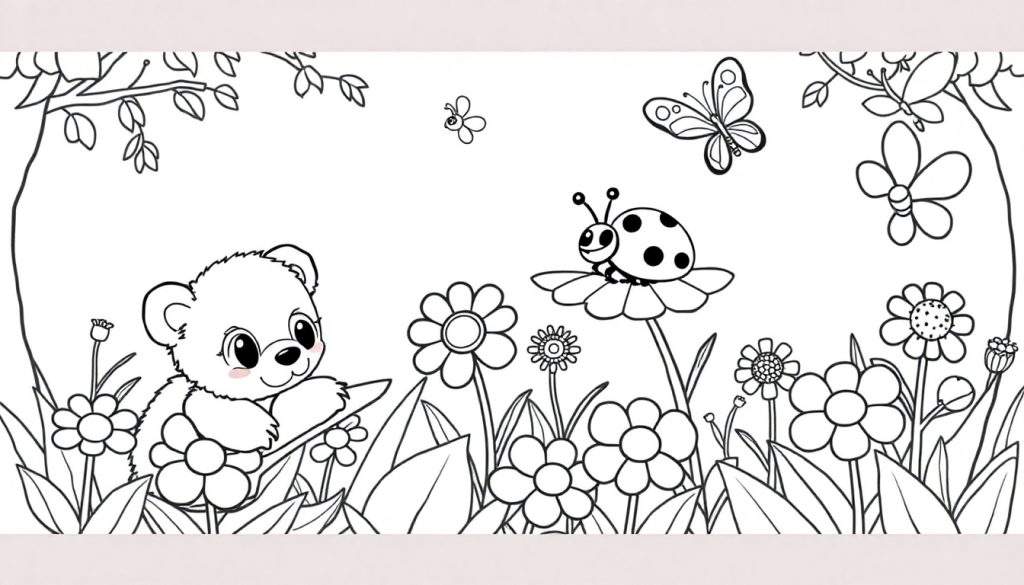 A black and white cartoon of a bear cub in a field of flowers, with butterflies and a ladybug, ready for coloring. A fun color panel for kids!