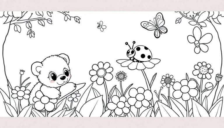 A black and white cartoon of a bear cub in a field of flowers, with butterflies and a ladybug, ready for coloring. A fun color panel for kids!