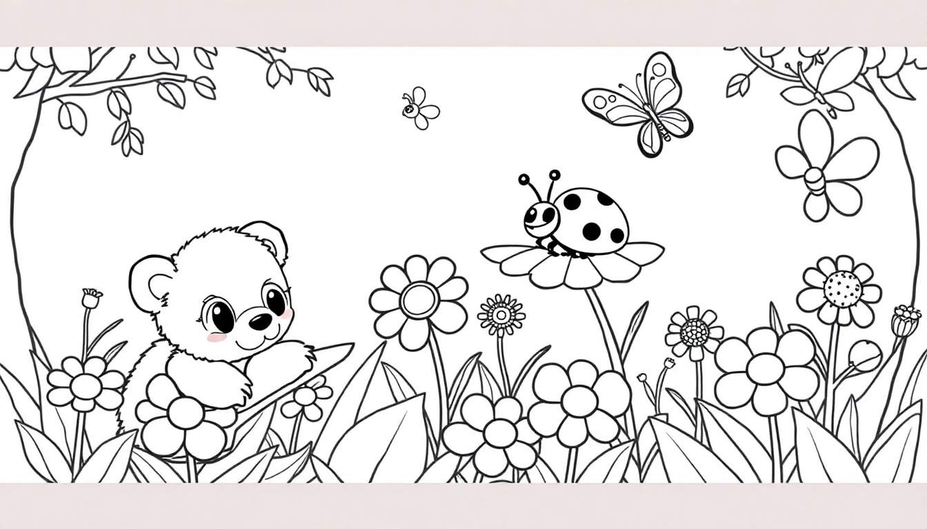 A black and white cartoon of a bear cub in a field of flowers, with butterflies and a ladybug, ready for coloring. A fun color panel for kids!