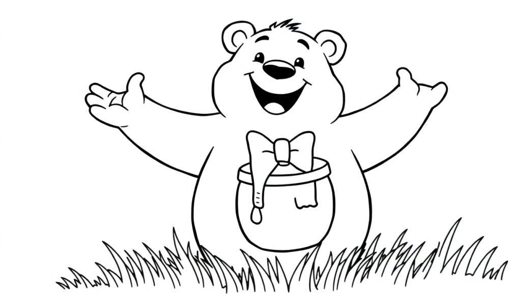 A black and white line drawing of a cheerful bear with arms open, offering a hug. A pot of honey with a bow sits on its belly. Detailed grass is at the bottom. This color panel is ready for your art!