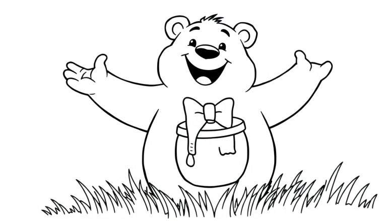 A black and white line drawing of a cheerful bear with arms open, offering a hug. A pot of honey with a bow sits on its belly. Detailed grass is at the bottom. This color panel is ready for your art!