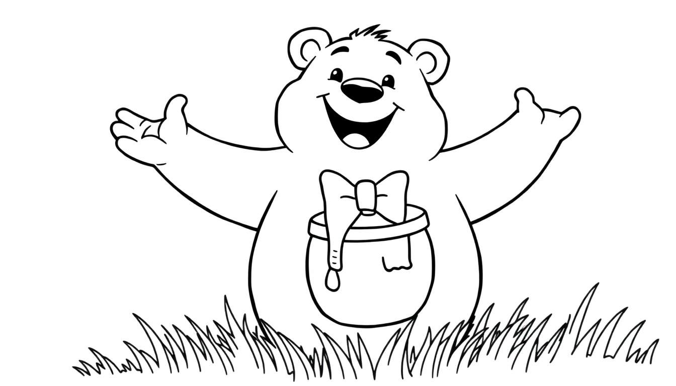 A black and white line drawing of a cheerful bear with arms open, offering a hug. A pot of honey with a bow sits on its belly. Detailed grass is at the bottom. This color panel is ready for your art!