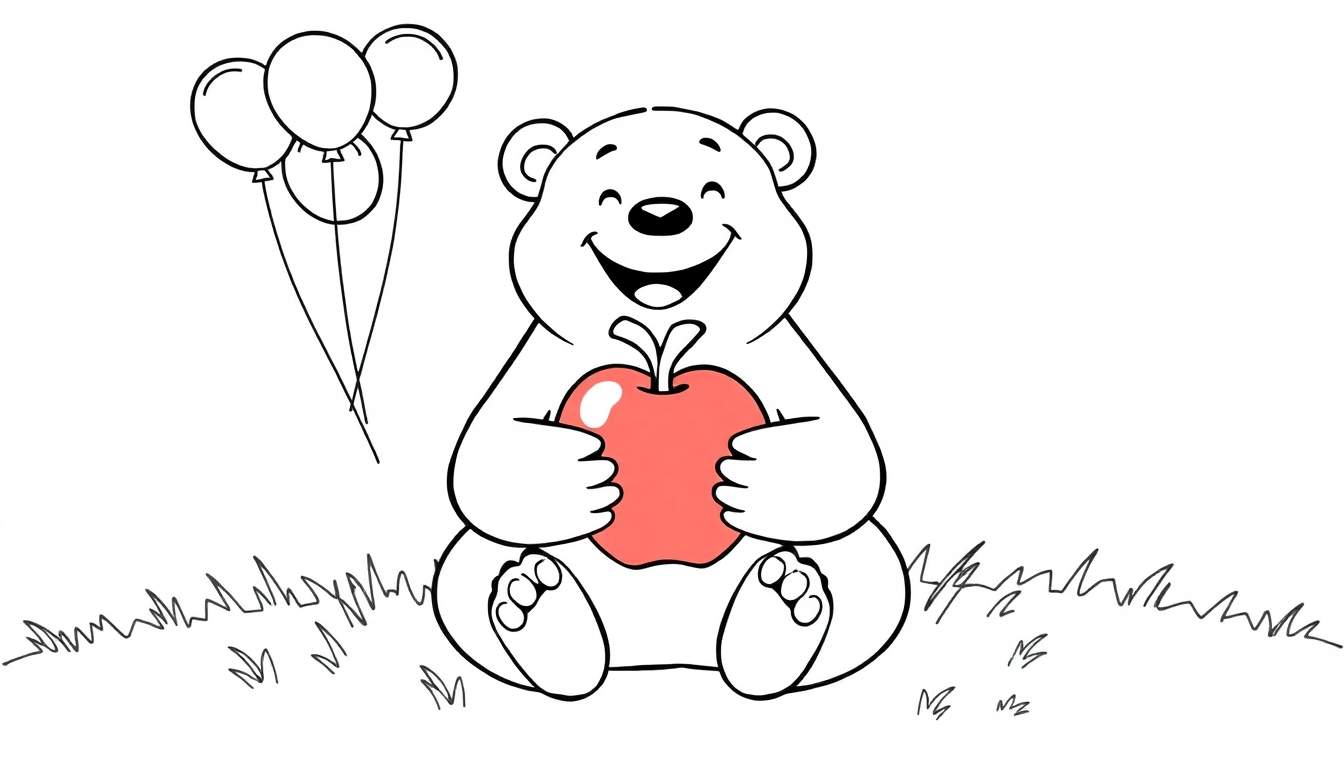 A friendly bear with a big smile sits in the grass holding a giant red apple, with three balloons floating above. This black and white color panel is perfect for coloring fun.