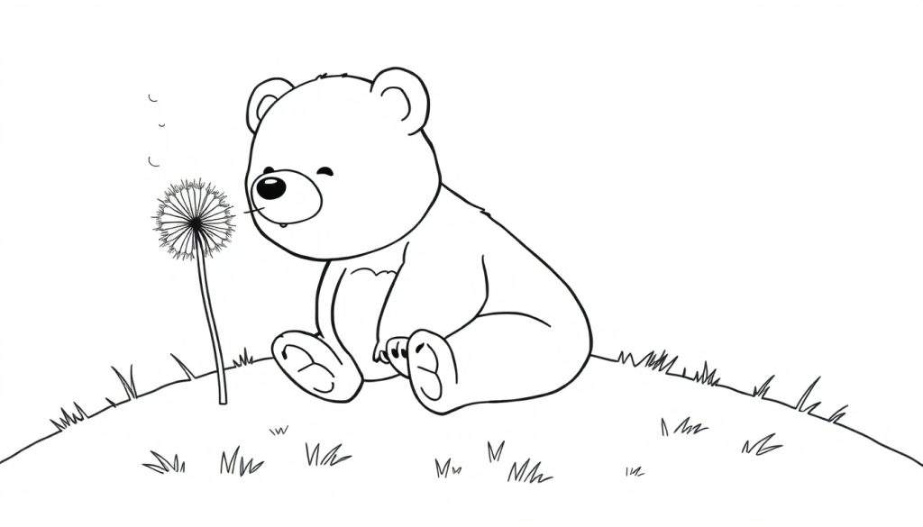 A black and white color panel illustration of a cartoon bear sitting on a hill blowing dandelion seeds. The bear is cute and chubby, with one eye closed and a gentle puff blowing from its mouth. The dandelion is shedding fluffy seeds into the air.