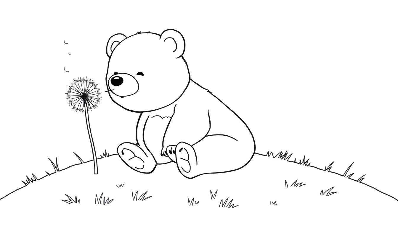 A black and white color panel illustration of a cartoon bear sitting on a hill blowing dandelion seeds. The bear is cute and chubby, with one eye closed and a gentle puff blowing from its mouth. The dandelion is shedding fluffy seeds into the air.