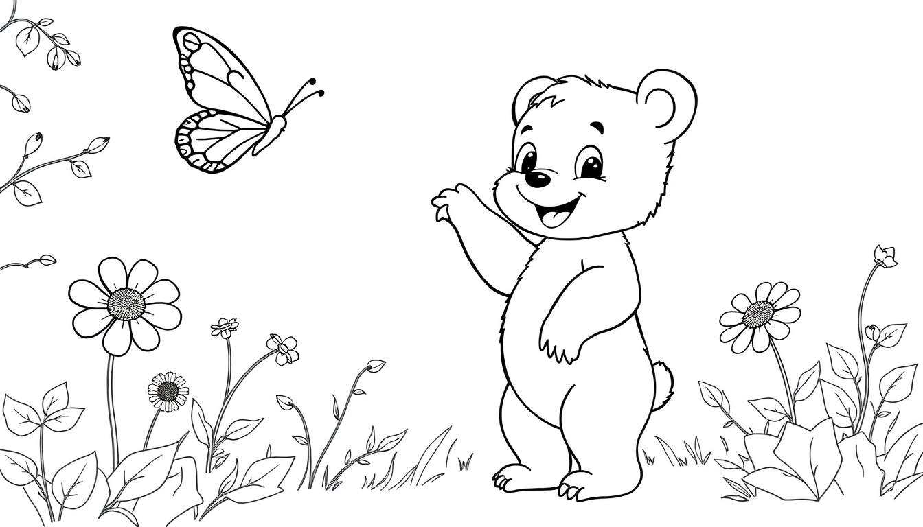 A friendly bear cub exploring a sunny forest, with big flowers and butterflies. Black and white line art for coloring. This color panel is ready for fun!