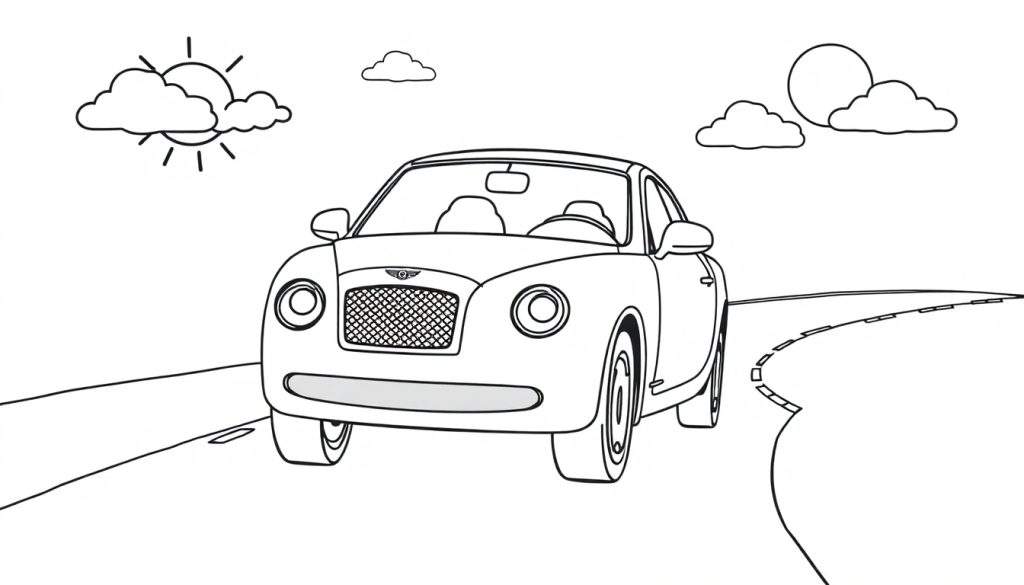 A cute Bentley car for a color panel, ready to be colored in black and white.