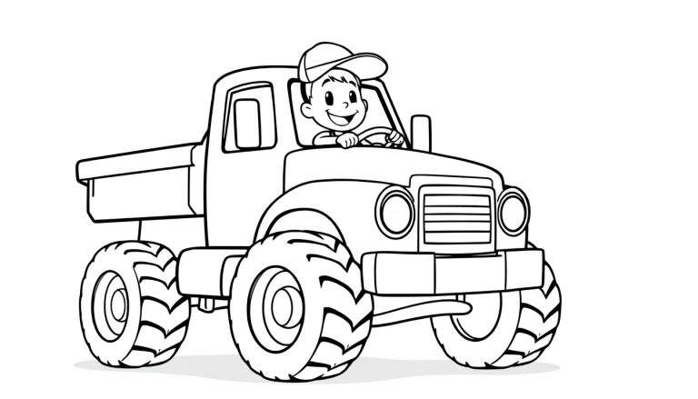 A happy boy driving a big pickup truck, ready to be colored in this color panel.