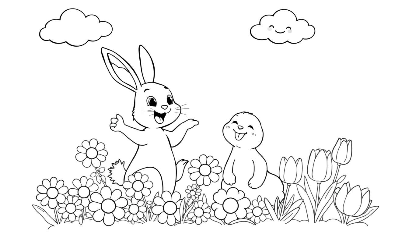 A friendly black and white coloring panel featuring Bing the bunny and Flop the groundhog in a garden with flowers and clouds.