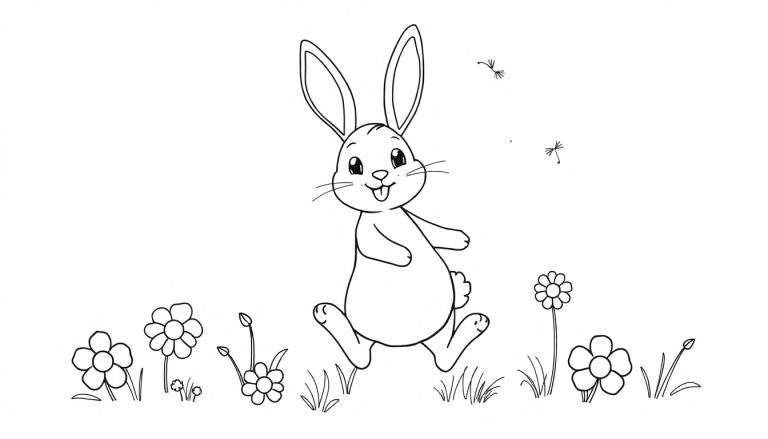 A cheerful bunny rabbit hopping through a flower field, a black and white coloring panel.