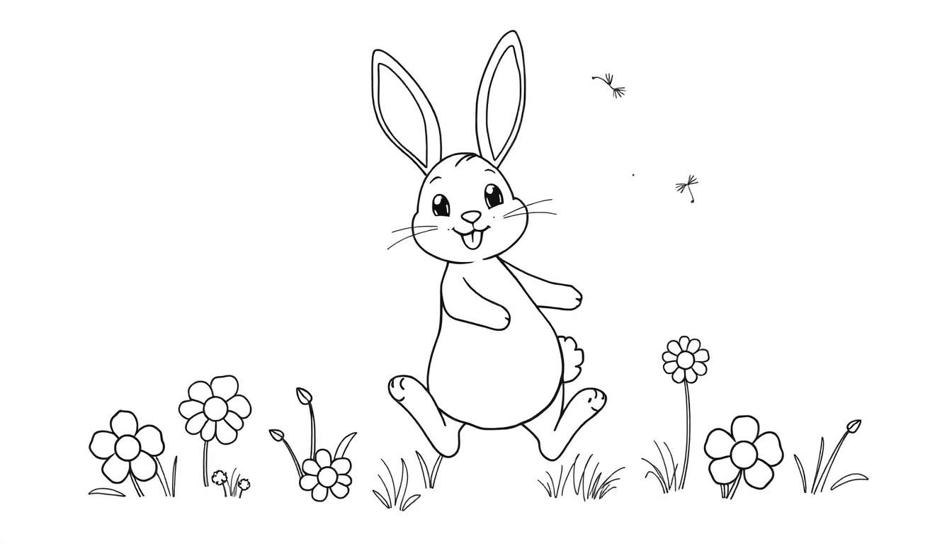 A cheerful bunny rabbit hopping through a flower field, a black and white coloring panel.
