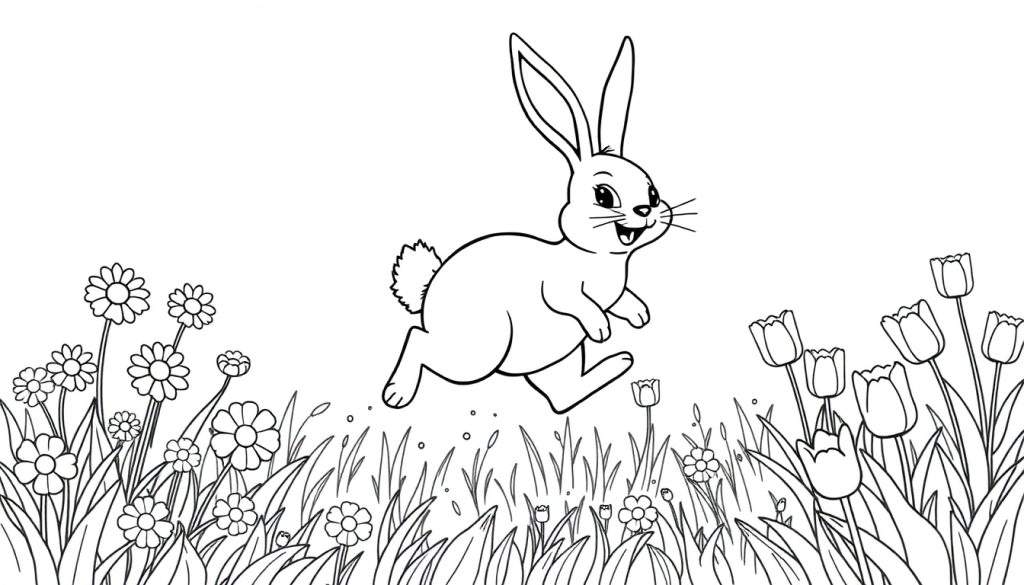 A black and white coloring panel of Bing the bunny hopping through a flower field.