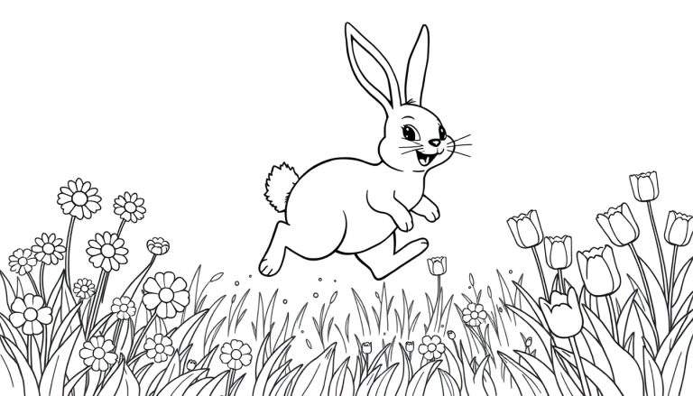 A black and white coloring panel of Bing the bunny hopping through a flower field.