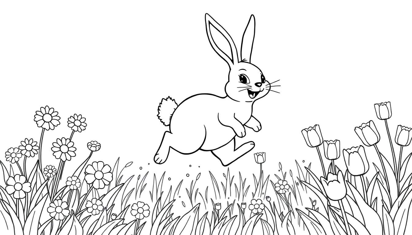 A black and white coloring panel of Bing the bunny hopping through a flower field.