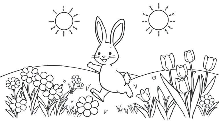 A black and white coloring panel of Bing the bunny happily running through a meadow with two suns above, surrounded by flowers and grass.