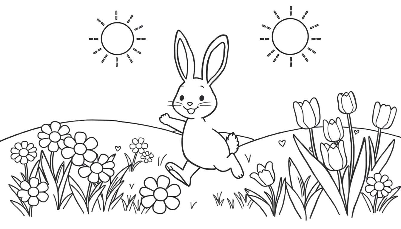 A black and white coloring panel of Bing the bunny happily running through a meadow with two suns above, surrounded by flowers and grass.