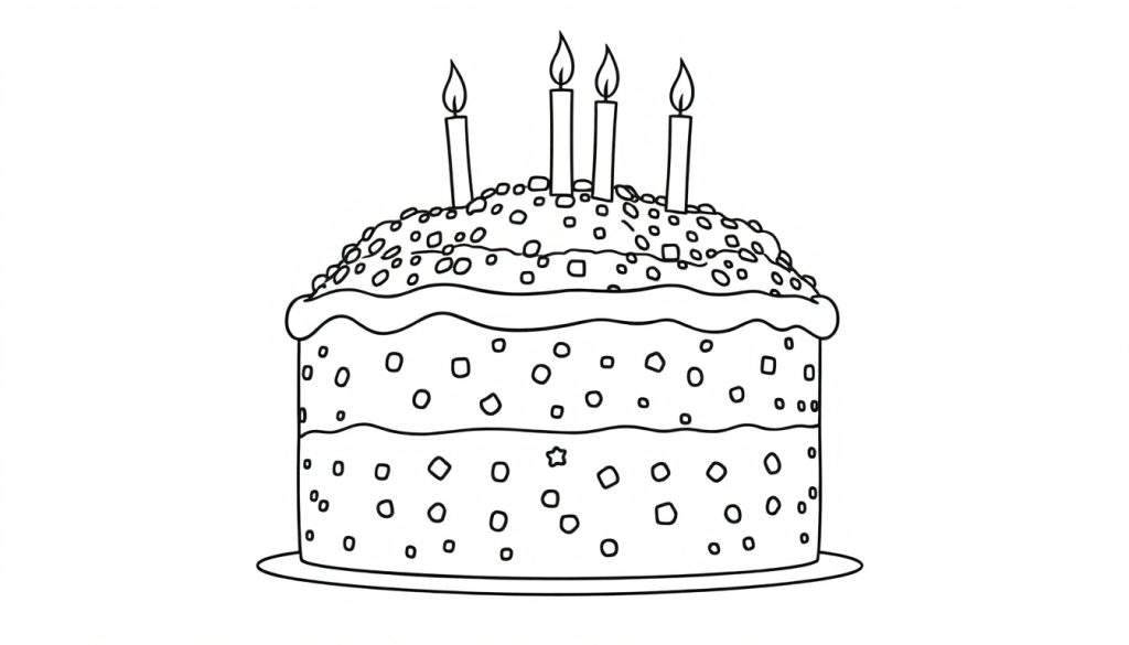 A black and white outline color panel of a three-layer birthday cake with sprinkles and lit candles on a plate.