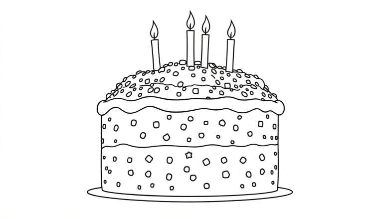 A black and white outline color panel of a three-layer birthday cake with sprinkles and lit candles on a plate.