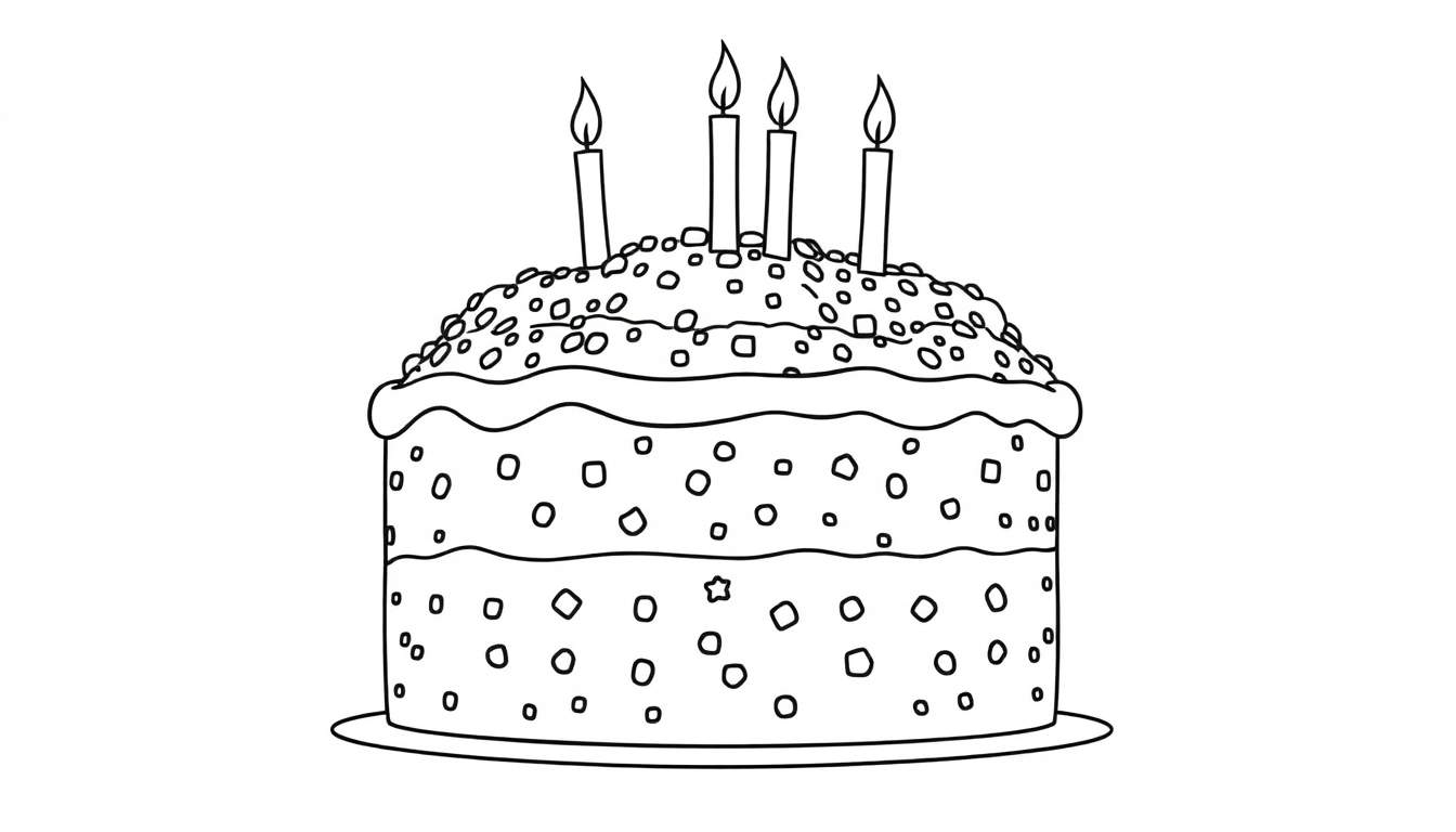 A black and white outline color panel of a three-layer birthday cake with sprinkles and lit candles on a plate.