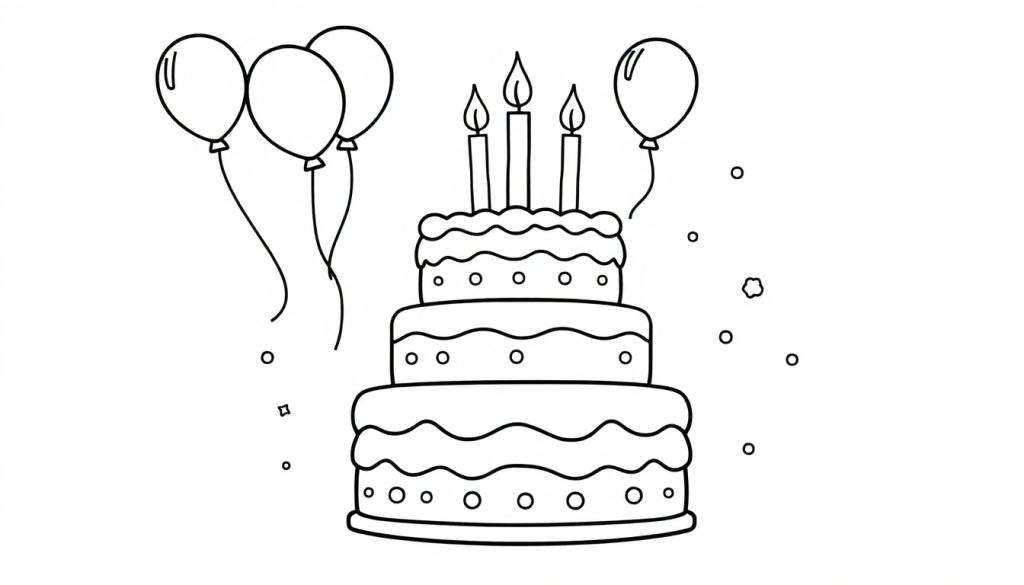 A cute black and white line drawing of a birthday cake with balloons and confetti for a kids coloring panel.