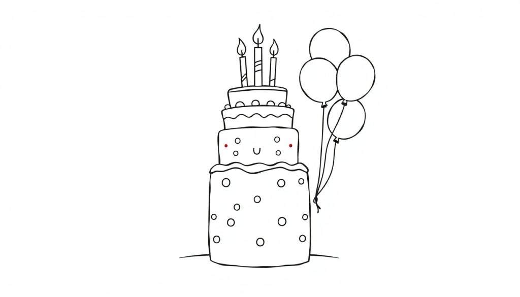 A black and white cartoon drawing of a four-tiered birthday cake with candles and a smiley face on the second tier. Four balloons are tied together next to the cake, ready for a color panel.