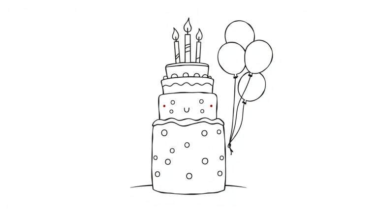 A black and white cartoon drawing of a four-tiered birthday cake with candles and a smiley face on the second tier. Four balloons are tied together next to the cake, ready for a color panel.
