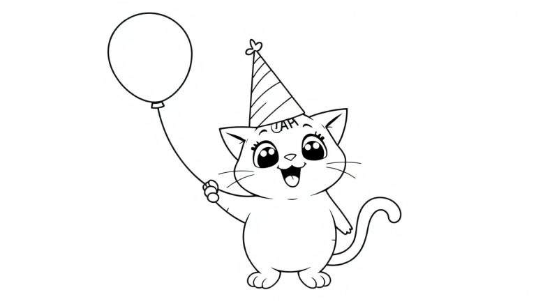 A cute, black and white cartoon cat with a party hat and a balloon, ready to be a color panel.