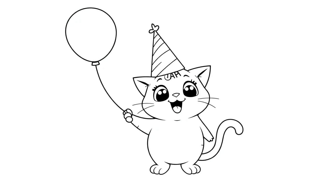A cute, black and white cartoon cat with a party hat and a balloon, ready to be a color panel.