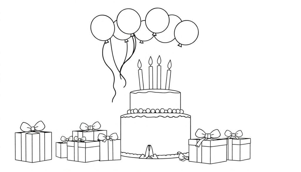 A black and white color panel illustration of a birthday scene with a two-tiered cake, candles, balloons, and gift boxes, all outlined for coloring.