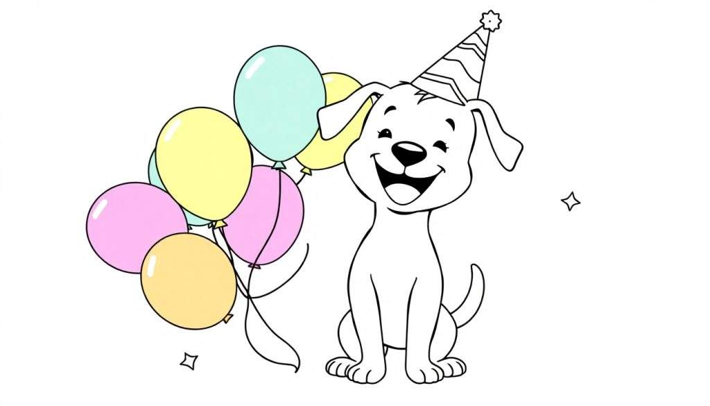 A cute cartoon dog wearing a striped party hat and a happy grin, surrounded by colorful balloons and stars. A fun color panel for kids.