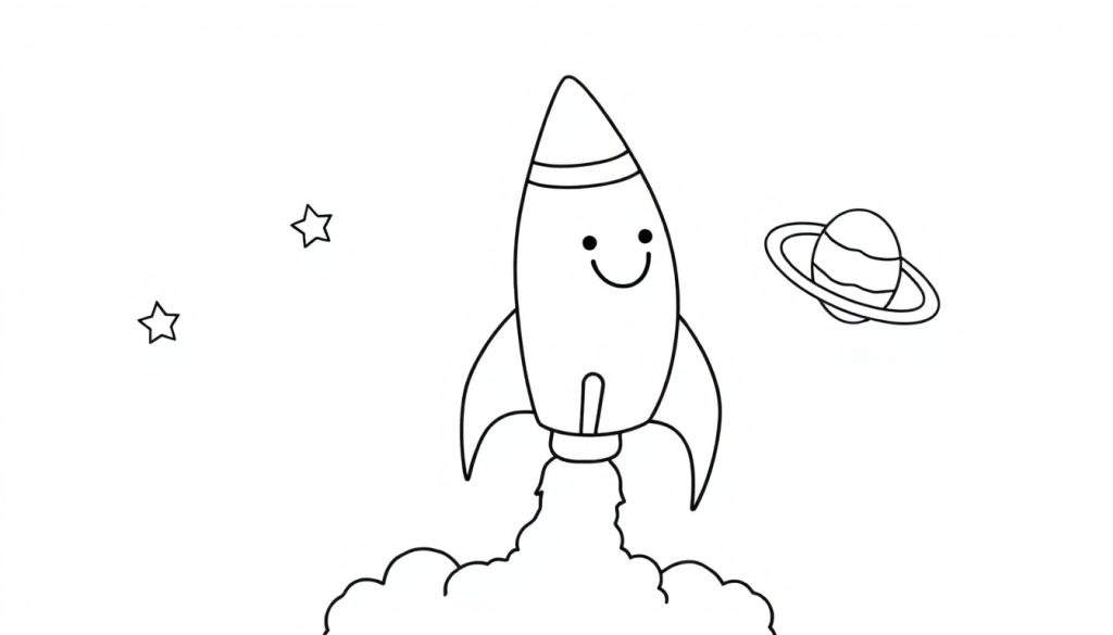 A cute black and white cartoon rocket with a smiling face blasting off into space, with stars and a ringed planet. A color panel for imagination!