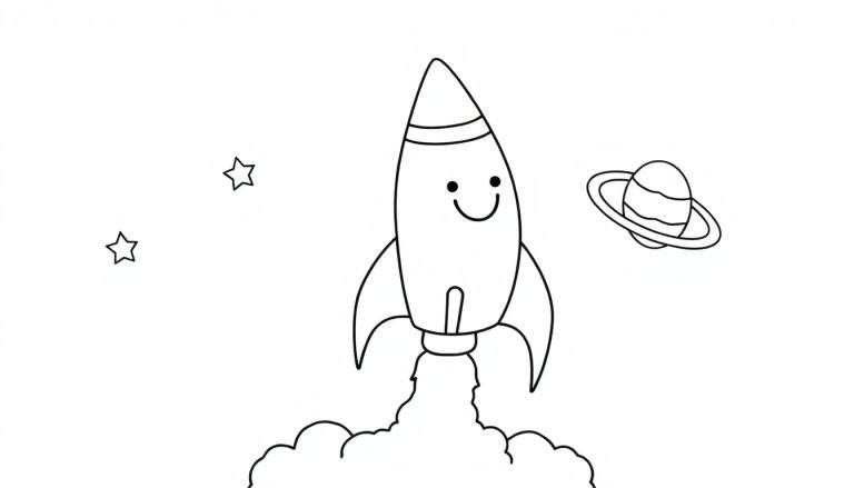 A cute black and white cartoon rocket with a smiling face blasting off into space, with stars and a ringed planet. A color panel for imagination!