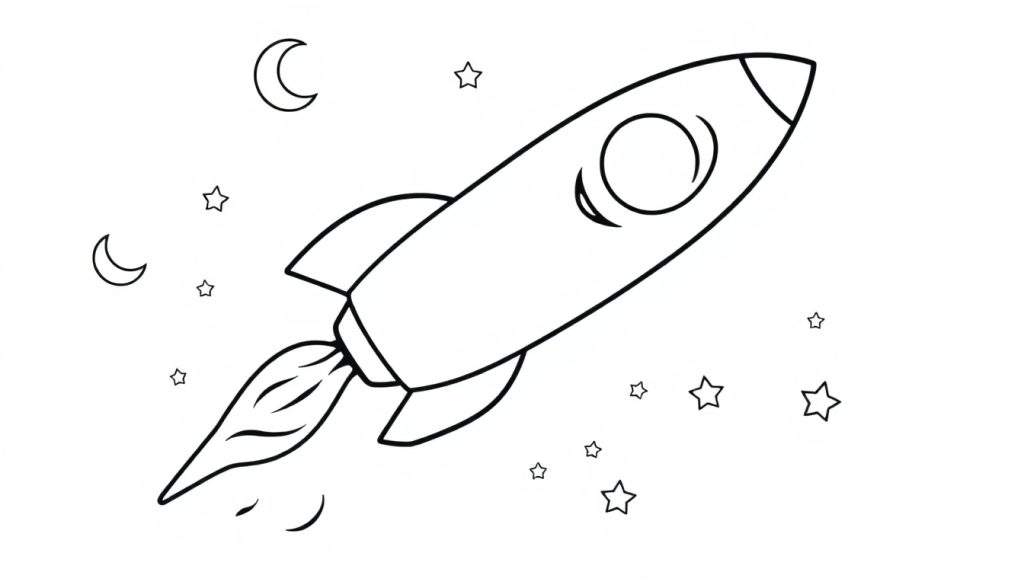A cute black and white cartoon rocket ship launching into a starry sky with two happy moons, perfect for a color panel.