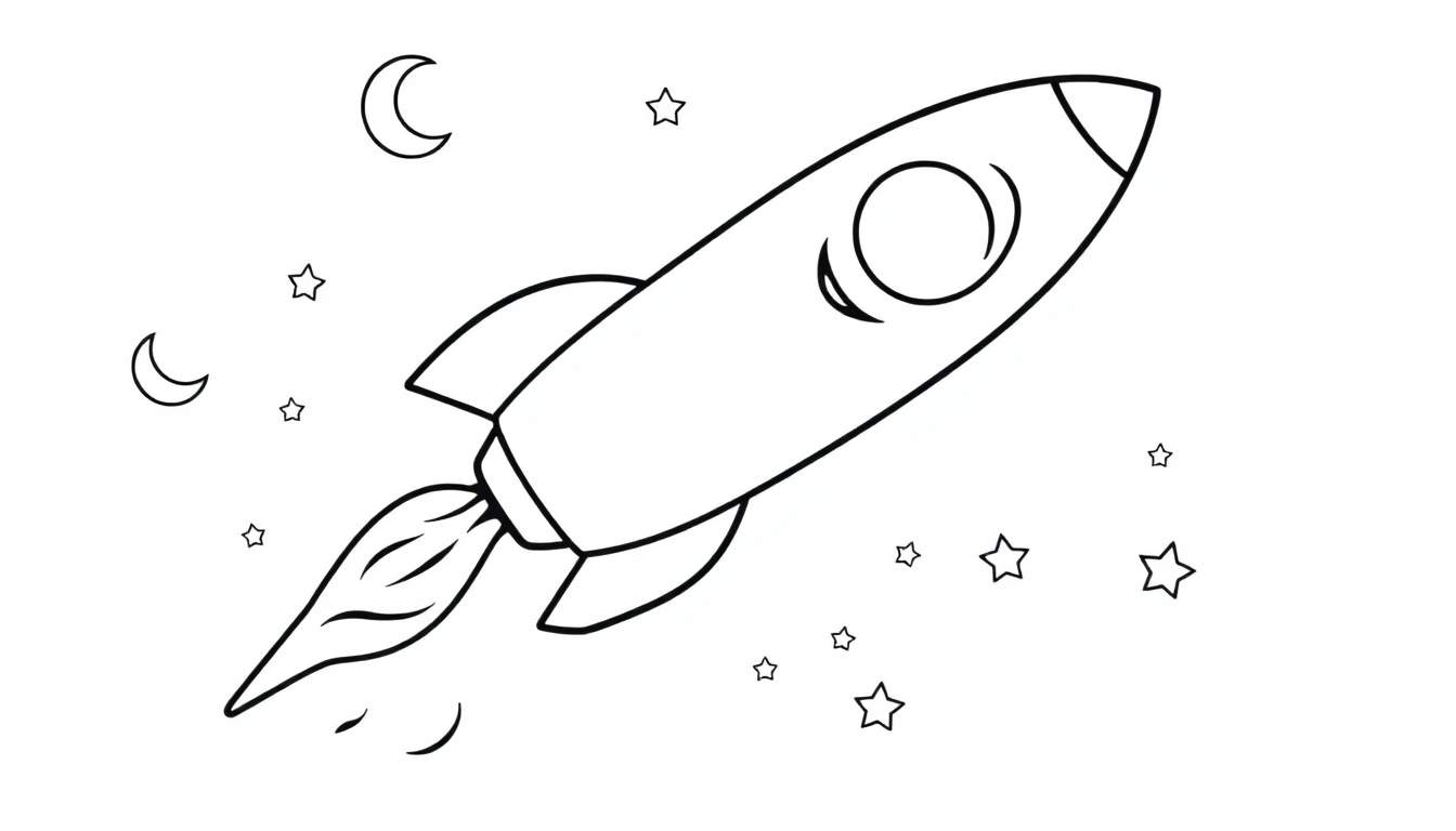 A cute black and white cartoon rocket ship launching into a starry sky with two happy moons, perfect for a color panel.