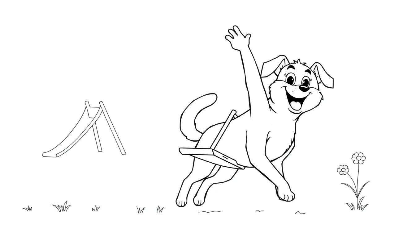 A cute black and white coloring page of Bluey and Bingo playing in the park, a dog with a swing on its back reaching up, and a slide and flowers in the background, ready for coloring fun! A fun color panel awaits!