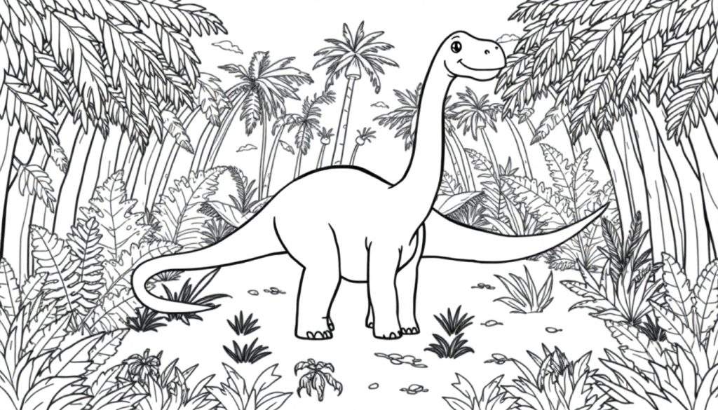 A friendly Brachiosaurus in a jungle, perfect for a color panel.