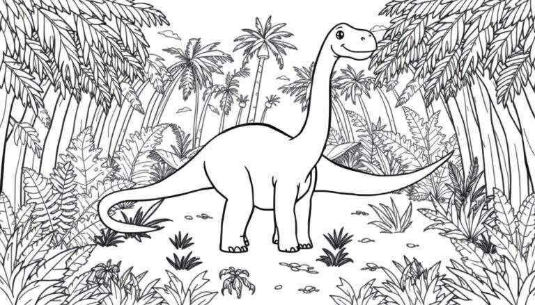 A friendly Brachiosaurus in a jungle, perfect for a color panel.