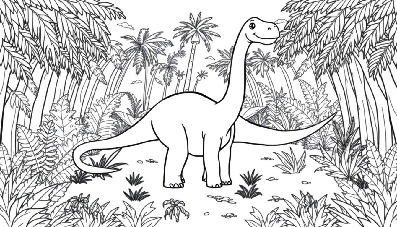 A friendly Brachiosaurus in a jungle, perfect for a color panel.