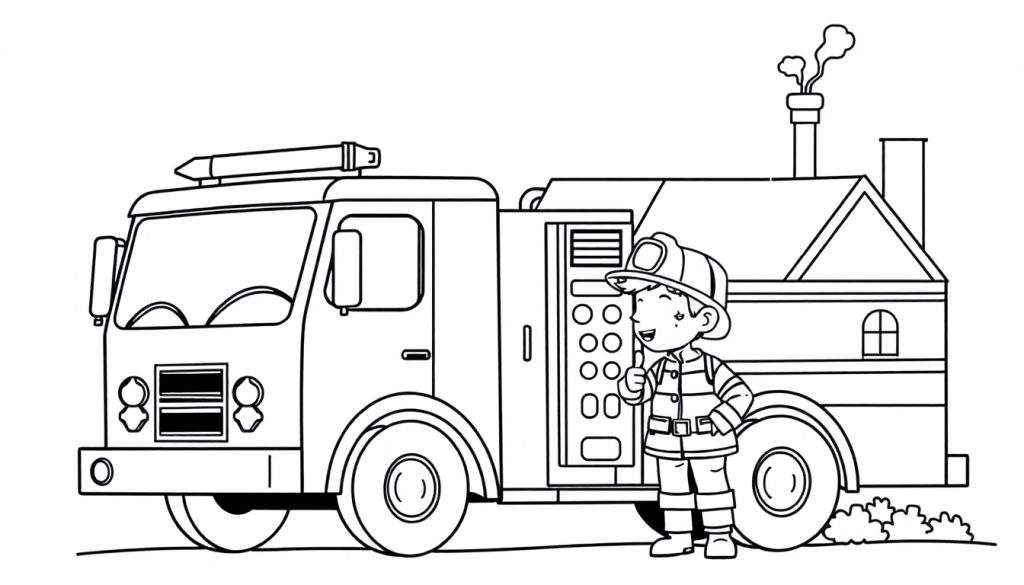 A black and white illustration for a coloring panel, showing a young boy firefighter giving a thumbs-up next to a fire truck with a house-shaped water tank. The fire truck has a chimney emitting smoke.