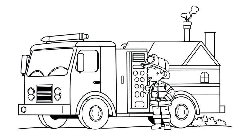 A black and white illustration for a coloring panel, showing a young boy firefighter giving a thumbs-up next to a fire truck with a house-shaped water tank. The fire truck has a chimney emitting smoke.