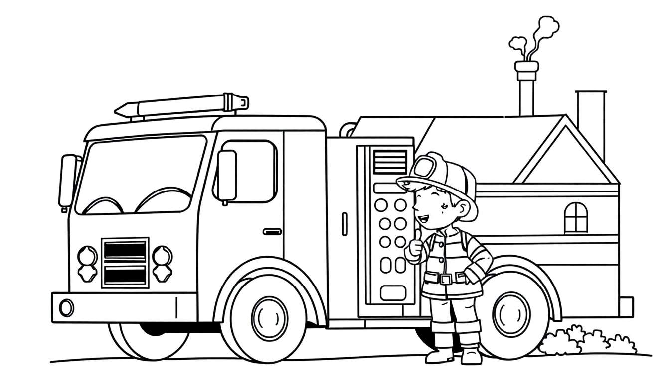 A black and white illustration for a coloring panel, showing a young boy firefighter giving a thumbs-up next to a fire truck with a house-shaped water tank. The fire truck has a chimney emitting smoke.