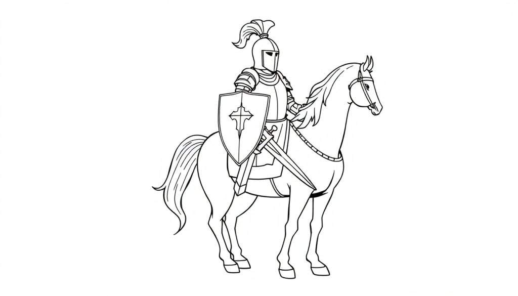 A brave knight in full armor on horseback, ready for coloring fun, a black and white line drawing for your color panel.