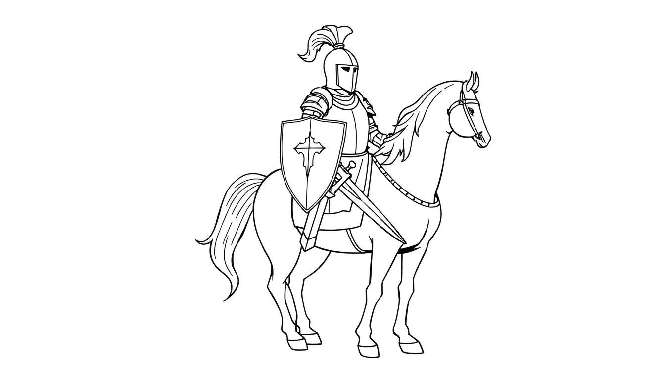 A brave knight in full armor on horseback, ready for coloring fun, a black and white line drawing for your color panel.