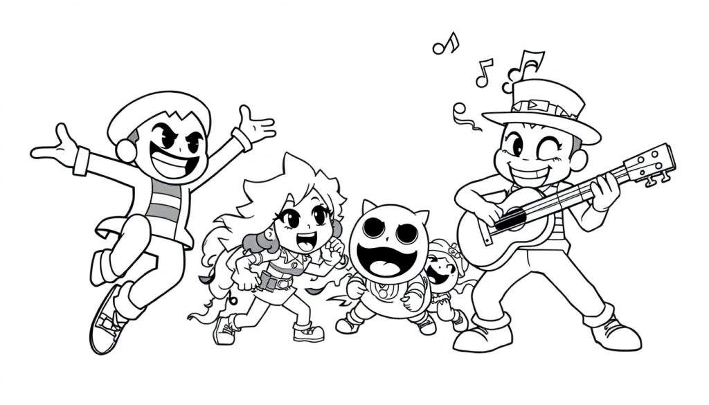 Black and white cartoon illustration of Brawl Stars characters in a playful battle, ready for a color panel.