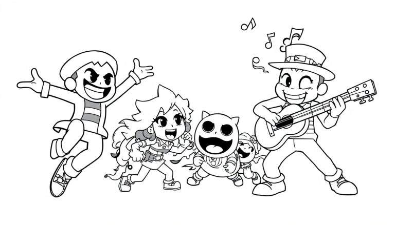 Black and white cartoon illustration of Brawl Stars characters in a playful battle, ready for a color panel.