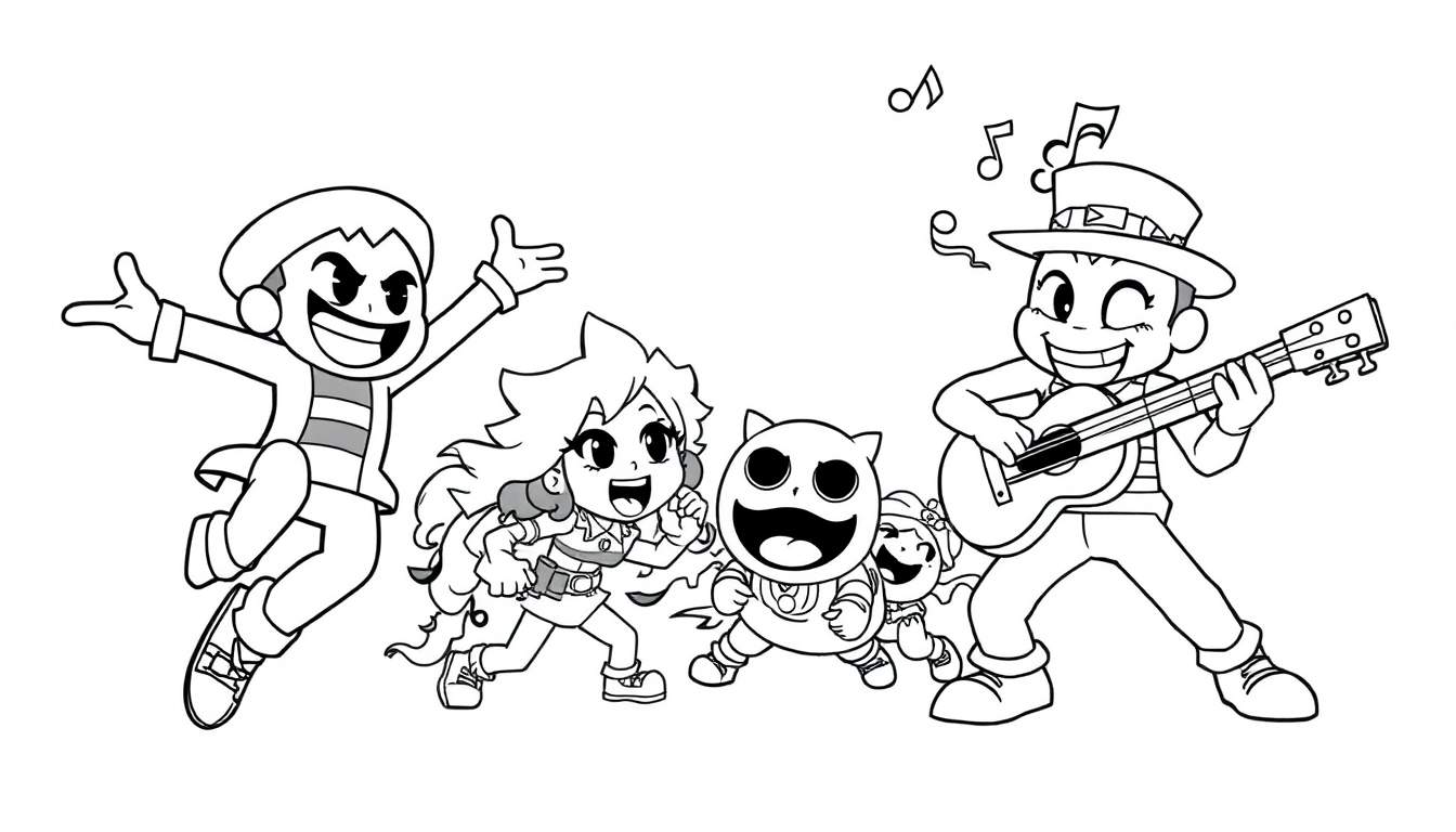 Black and white cartoon illustration of Brawl Stars characters in a playful battle, ready for a color panel.